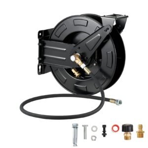 Pressure Washer Hose Reel, 50 ft x 3/8 inch Retractable Power Heavy-Duty Steel Washer Hose Reel, 4000PSI Max, Auto-Rewinding, Flexible Wall/Floor Mounted for Car Washing,Garden,Floor Cleaning