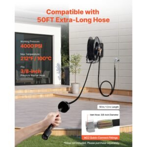 pressure washer hose reel, 50 ft x 3/8 inch retractable power heavy duty steel washer hose reel, 4000psi max, auto rewinding, flexible wall/floor mounted for car washing,garden,floor cleaning