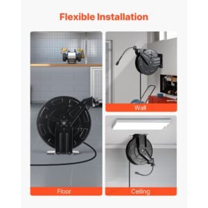 pressure washer hose reel, 50 ft x 3/8 inch retractable power heavy duty steel washer hose reel, 4000psi max, auto rewinding, flexible wall/floor mounted for car washing,garden,floor cleaning