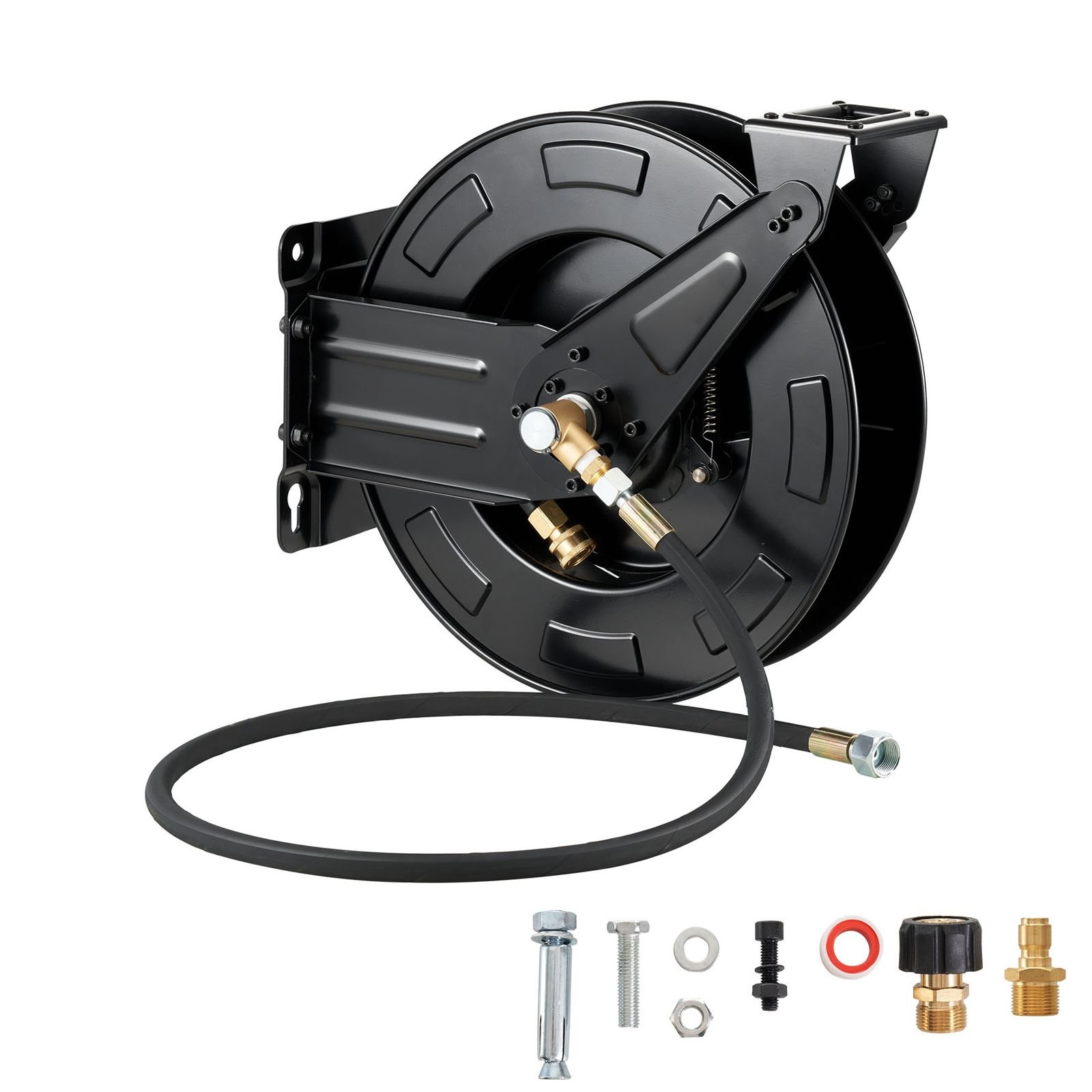 pressure washer hose reel, 50 ft x 3/8 inch retractable power heavy duty steel washer hose reel, 4000psi max, auto rewinding, flexible wall/floor mounted for car washing,garden,floor cleaning