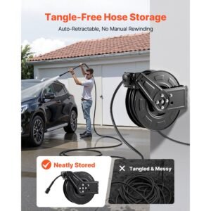 pressure washer hose reel, 60 ft x 1/4 inch retractable power heavy duty steel washer hose reel, 4000psi max, auto rewinding, flexible wall/floor mounted for car washing,garden,floor cleaning