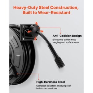 pressure washer hose reel, 60 ft x 1/4 inch retractable power heavy duty steel washer hose reel, 4000psi max, auto rewinding, flexible wall/floor mounted for car washing,garden,floor cleaning