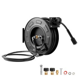 Pressure Washer Hose Reel, 60 ft x 1/4 inch Retractable Power Heavy-Duty Steel Washer Hose Reel, 4000PSI Max, Auto-Rewinding, Flexible Wall/Floor Mounted for Car Washing,Garden,Floor Cleaning