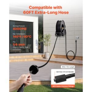 pressure washer hose reel, 60 ft x 1/4 inch retractable power heavy duty steel washer hose reel, 4000psi max, auto rewinding, flexible wall/floor mounted for car washing,garden,floor cleaning