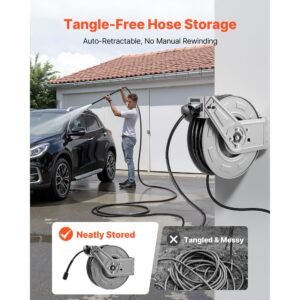 pressure washer hose reel, 65 ft x 1/4 inch retractable power heavy duty steel washer hose reel, 3200psi max, auto rewinding, flexible wall/floor mounted for car washing,garden,floor cleaning