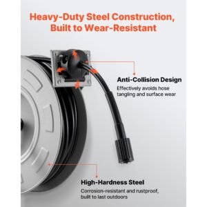 pressure washer hose reel, 65 ft x 1/4 inch retractable power heavy duty steel washer hose reel, 3200psi max, auto rewinding, flexible wall/floor mounted for car washing,garden,floor cleaning