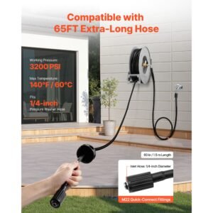 pressure washer hose reel, 65 ft x 1/4 inch retractable power heavy duty steel washer hose reel, 3200psi max, auto rewinding, flexible wall/floor mounted for car washing,garden,floor cleaning