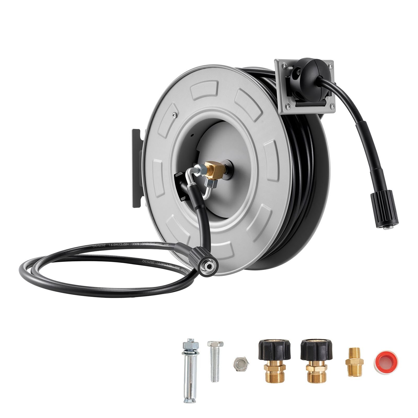 pressure washer hose reel, 65 ft x 1/4 inch retractable power heavy duty steel washer hose reel, 3200psi max, auto rewinding, flexible wall/floor mounted for car washing,garden,floor cleaning