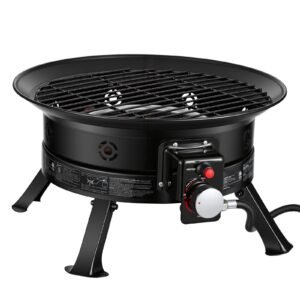 propane fire pit 19 inch, 53,000 btu portable gas fire pit, with grill grate & lava rocks, adjustable flame, folding legs,smokeless outdoor firebowl for camping, patio, backyard, deck, rv, black