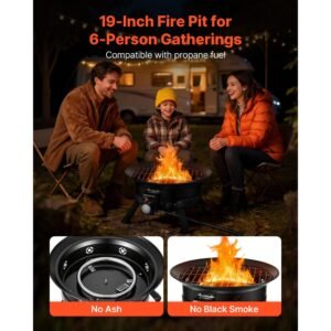 propane fire pit 19 inch, 53,000 btu portable gas fire pit, with grill grate & lava rocks, adjustable flame, folding legs,smokeless outdoor firebowl for camping, patio, backyard, deck, rv, black