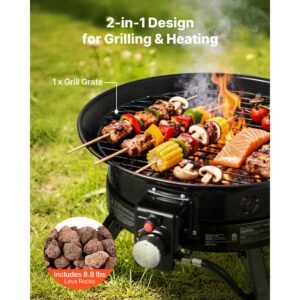 propane fire pit 19 inch, 53,000 btu portable gas fire pit, with grill grate & lava rocks, adjustable flame, folding legs,smokeless outdoor firebowl for camping, patio, backyard, deck, rv, black