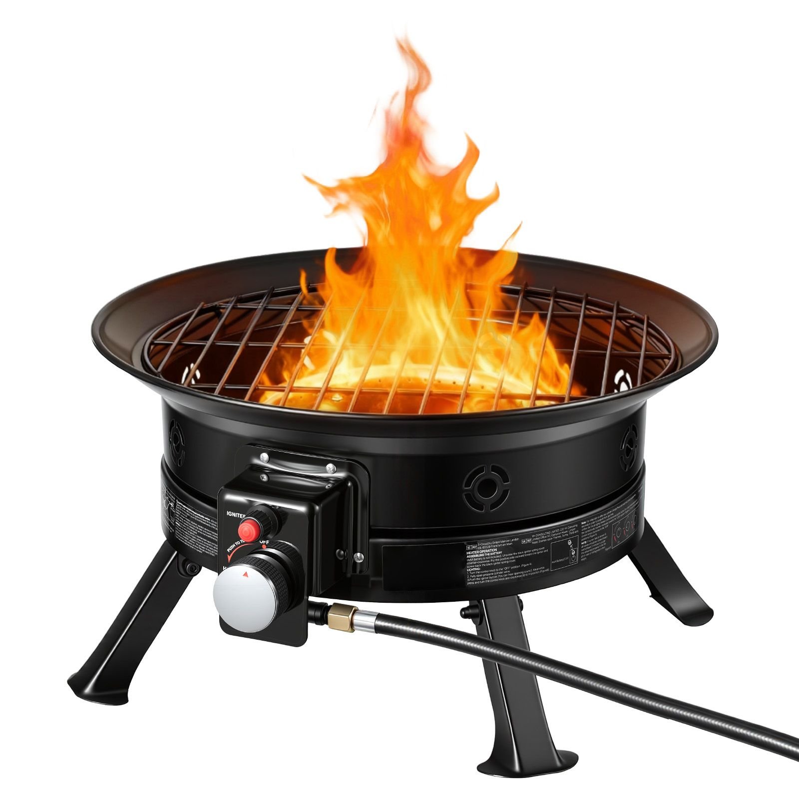 propane fire pit 19 inch, 53,000 btu portable gas fire pit, with grill grate & lava rocks, adjustable flame, folding legs,smokeless outdoor firebowl for camping, patio, backyard, deck, rv, black