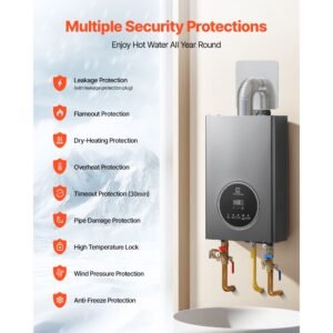 propane tankless water heater, 4.3gal indoor 100000 btu instant hot water heater, smart temperature control & clear led display & multiple security protections for whole house, silver gray