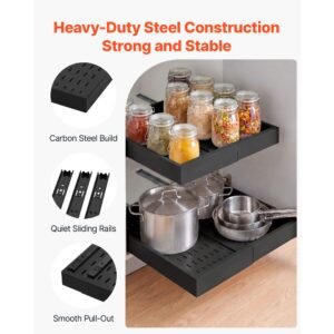 pull out cabinet organizer, 2 pack expandable width (12.2" 18.9"), 20.47" deep pull out drawers for cabinets, sliding drawer for kitchen pantry cabinet organizer with nano adhesive strips, black