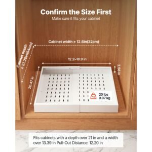 pull out cabinet organizer, 2 pack expandable width (12.2" 18.9"), 20.47" deep pull out drawers for cabinets, sliding drawer for kitchen pantry cabinet organizer with nano adhesive strips, white