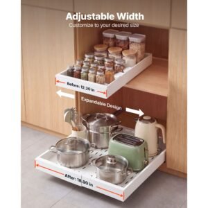 pull out cabinet organizer, 2 pack expandable width (12.2" 18.9"), 20.47" deep pull out drawers for cabinets, sliding drawer for kitchen pantry cabinet organizer with nano adhesive strips, white