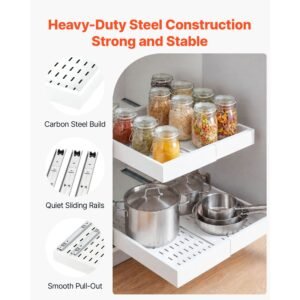 pull out cabinet organizer, 2 pack expandable width (12.2" 18.9"), 20.47" deep pull out drawers for cabinets, sliding drawer for kitchen pantry cabinet organizer with nano adhesive strips, white