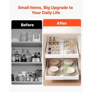 pull out cabinet organizer, 2 pack expandable width (12.2" 18.9"), 20.47" deep pull out drawers for cabinets, sliding drawer for kitchen pantry cabinet organizer with nano adhesive strips, white