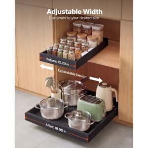 pull out cabinet organizer, 4 pack expandable width (12.2" 18.9"), 20.47" deep pull out drawers for cabinets, sliding drawer for kitchen pantry cabinet organizer with nano adhesive strips, black
