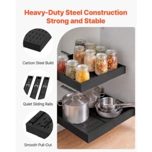 pull out cabinet organizer, 4 pack expandable width (12.2" 18.9"), 20.47" deep pull out drawers for cabinets, sliding drawer for kitchen pantry cabinet organizer with nano adhesive strips, black