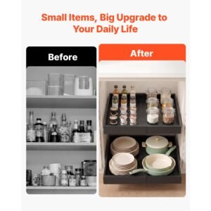 pull out cabinet organizer, 4 pack expandable width (12.2" 18.9"), 20.47" deep pull out drawers for cabinets, sliding drawer for kitchen pantry cabinet organizer with nano adhesive strips, black