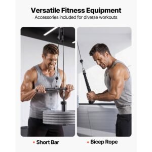 pulley system, 1 pc lat and lift pulley system, gym rack pulleys attachment with two steel cables, short bar, dual grip handles, cable machine for bicep, shoulder, back, up to 280 lbs capacity