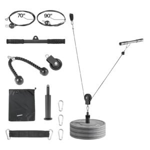 Pulley System, 1 PC LAT and Lift Pulley System, Gym Rack Pulleys Attachment with two Steel Cables, Short Bar, Dual Grip Handles, Cable Machine for Bicep, Shoulder, Back, Up to 280 lbs Capacity