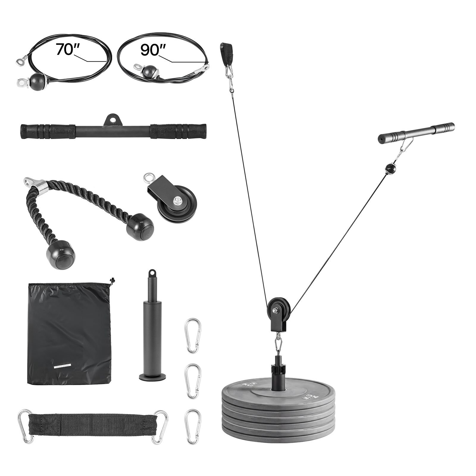pulley system, 1 pc lat and lift pulley system, gym rack pulleys attachment with two steel cables, short bar, dual grip handles, cable machine for bicep, shoulder, back, up to 280 lbs capacity