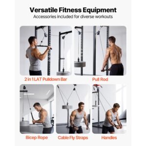 pulley system, 2 pcs lat and lift pulley system, gym rack pulleys attachment with two steel cables, short bar, dual grip handles, cable machine for bicep, shoulder, back, up to 330 lbs capacity