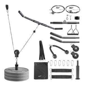 Pulley System, 2 PCS LAT and Lift Pulley System, Gym Rack Pulleys Attachment with two Steel Cables, Short Bar, Dual Grip Handles, Cable Machine for Bicep, Shoulder, Back, Up to 330 lbs Capacity
