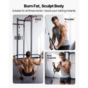 pulley system, 2 pcs lat and lift pulley system, gym rack pulleys attachment with two steel cables, short bar, dual grip handles, cable machine for bicep, shoulder, back, up to 330 lbs capacity