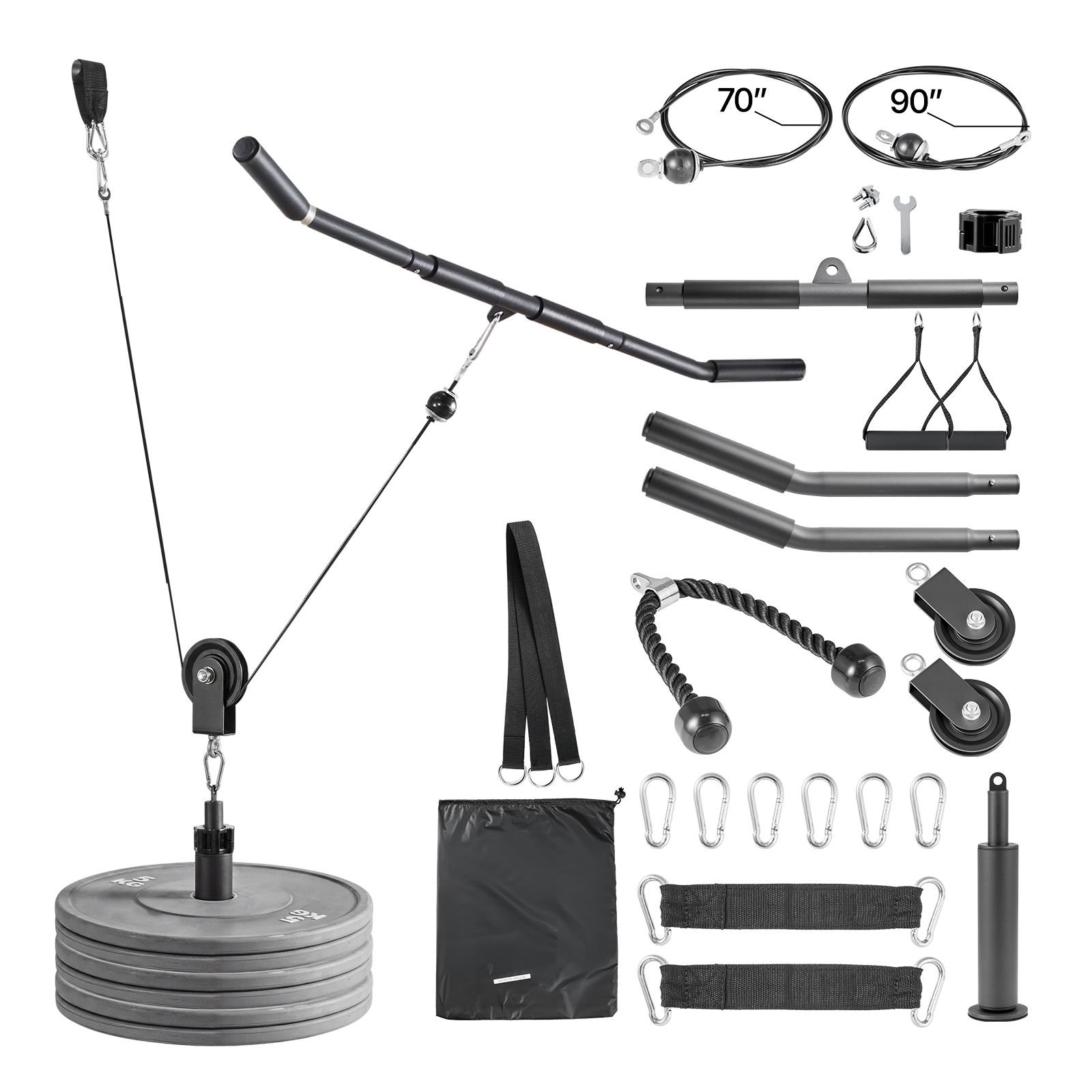 pulley system, 2 pcs lat and lift pulley system, gym rack pulleys attachment with two steel cables, short bar, dual grip handles, cable machine for bicep, shoulder, back, up to 330 lbs capacity