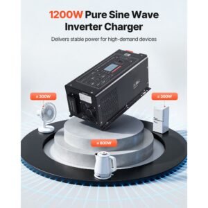 pure sine wave inverter charger, 1200w, dc 12v to ac 120v power inverter with lcd display, remote control, low frequency, for rv camper home, compatible with 12v lifepo4 lithium batteries