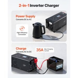 pure sine wave inverter charger, 1200w, dc 12v to ac 120v power inverter with lcd display, remote control, low frequency, for rv camper home, compatible with 12v lifepo4 lithium batteries