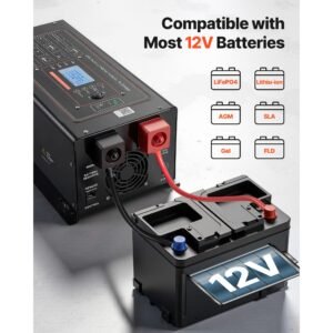pure sine wave inverter charger, 1200w, dc 12v to ac 120v power inverter with lcd display, remote control, low frequency, for rv camper home, compatible with 12v lifepo4 lithium batteries