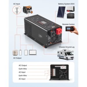 pure sine wave inverter charger, 1200w, dc 12v to ac 120v power inverter with lcd display, remote control, low frequency, for rv camper home, compatible with 12v lifepo4 lithium batteries