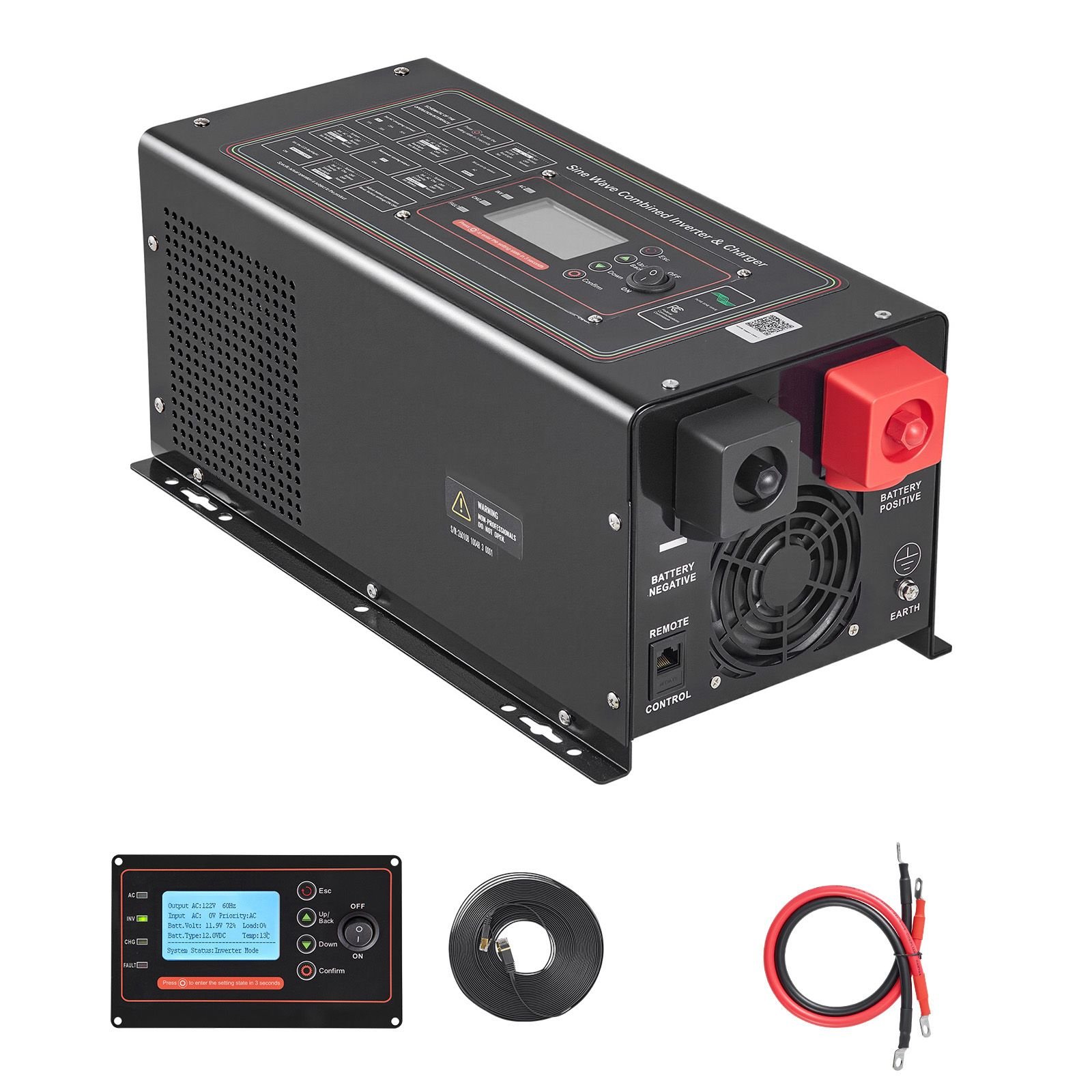 pure sine wave inverter charger, 1200w, dc 12v to ac 120v power inverter with lcd display, remote control, low frequency, for rv camper home, compatible with 12v lifepo4 lithium batteries