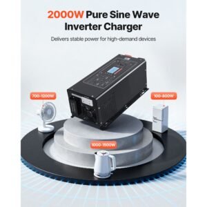 pure sine wave inverter charger, 2000w, dc 12v to ac 120v power inverter with lcd display, remote control, low frequency, gfci, for rv camper home, compatible with 12v lifepo4 lithium batteries