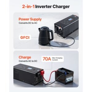 pure sine wave inverter charger, 2000w, dc 12v to ac 120v power inverter with lcd display, remote control, low frequency, gfci, for rv camper home, compatible with 12v lifepo4 lithium batteries