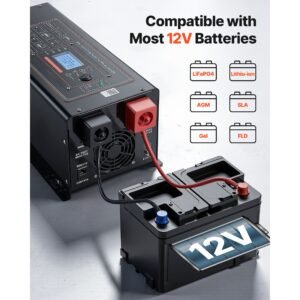 pure sine wave inverter charger, 2000w, dc 12v to ac 120v power inverter with lcd display, remote control, low frequency, gfci, for rv camper home, compatible with 12v lifepo4 lithium batteries