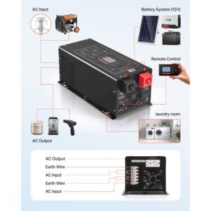 pure sine wave inverter charger, 2000w, dc 12v to ac 120v power inverter with lcd display, remote control, low frequency, gfci, for rv camper home, compatible with 12v lifepo4 lithium batteries