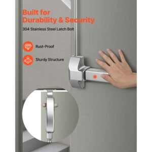 push bar panic exit device, 28" stainless steel commercial panic bar for exit doors, emergency exit door hardware with vertical top rod and sticker, for 28" 41" wood or metal door, silver