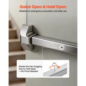 push bar panic exit device, 28" stainless steel commercial panic bar for exit doors, emergency exit door hardware with vertical top rod and sticker, for 28" 41" wood or metal door, silver