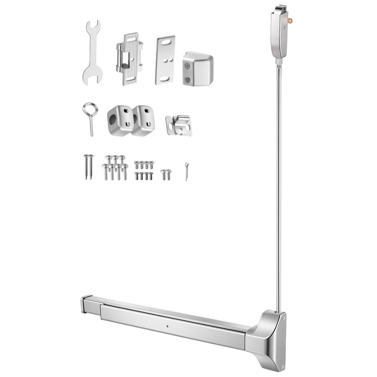 push bar panic exit device, 28" stainless steel commercial panic bar for exit doors, emergency exit door hardware with vertical top rod and sticker, for 28" 41" wood or metal door, silver
