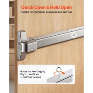 push bar panic exit device, 31" stainless steel commercial panic bar for exit doors, emergency exit door hardware with auto alarm system and sticker, for 31" 46" wood or metal door, silver