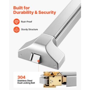 push bar panic exit device, 41" stainless steel commercial panic bar for exit doors, emergency exit door hardware with exterior lever handle and 6 keys, for 41" 61" wood or metal door, silver