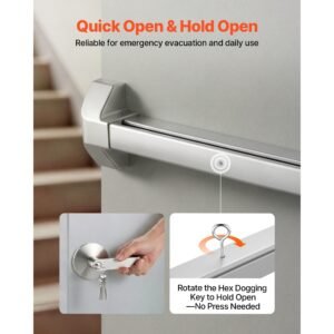 push bar panic exit device, 41" stainless steel commercial panic bar for exit doors, emergency exit door hardware with exterior lever handle and 6 keys, for 41" 61" wood or metal door, silver