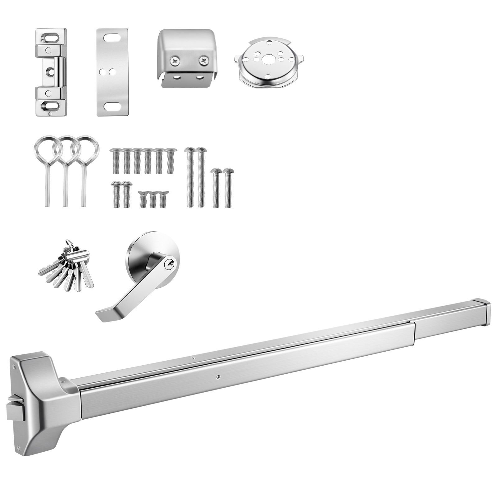 push bar panic exit device, 41" stainless steel commercial panic bar for exit doors, emergency exit door hardware with exterior lever handle and 6 keys, for 41" 61" wood or metal door, silver