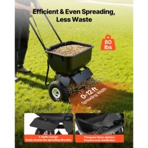 push lawn spreader, 12ft spreading width, broadcast spreader with 80lbs load capacity & 10 in all terrain tires, walk behind garden & lawn broadcast spreaders for seed fertilizer, salt ice melt