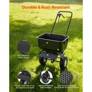 push lawn spreader, 12ft spreading width, broadcast spreader with 80lbs load capacity & 10 in all terrain tires, walk behind garden & lawn broadcast spreaders for seed fertilizer, salt ice melt